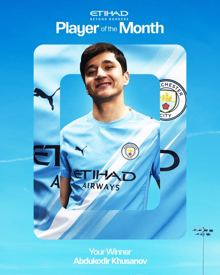 出战全部8场比赛，曼城官方：胡桑诺夫当选球队1月最佳球员